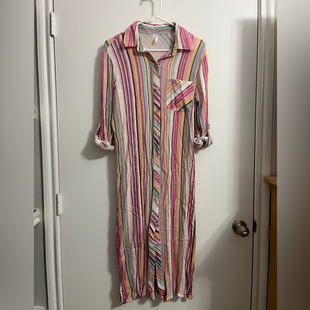 Striped 3/4 Sleeve Long Button Up Dress
